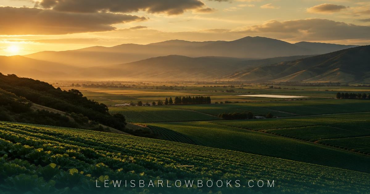 Salinas Valley fields and mountains at golden hour, landscape behind the Lewis Barlow book collection